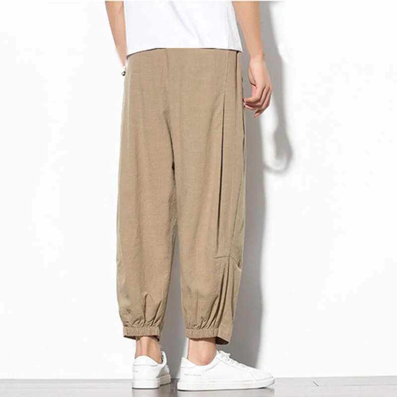 Buddha Stones Summer Men's 7-8 Length Cotton Linen Carrot Pants With Pockets