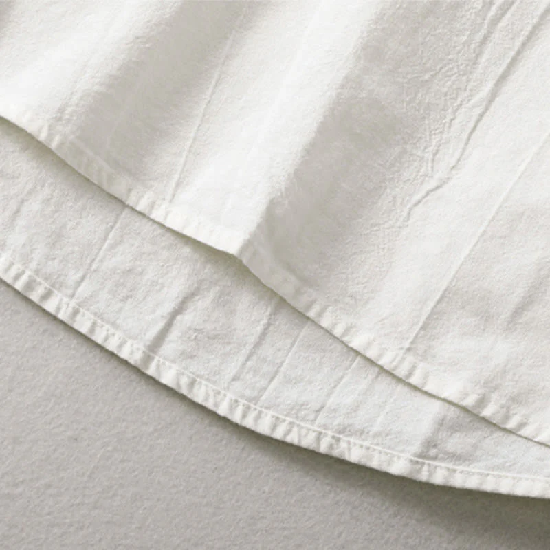 Buddha Stones Plain Pleats Half Buttons Design Stand Collar Men's Long Sleeve Cotton Linen Shirt