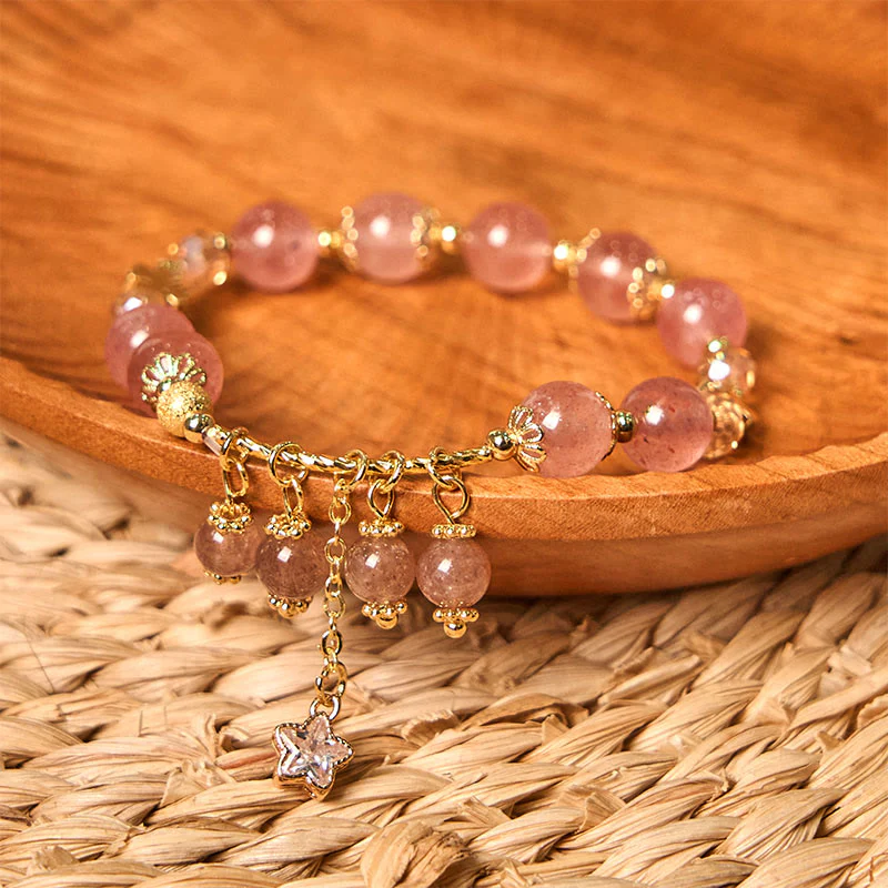 Buddha Stones Natural Strawberry Quartz Four Leaf Clover Star Positive Bracelet