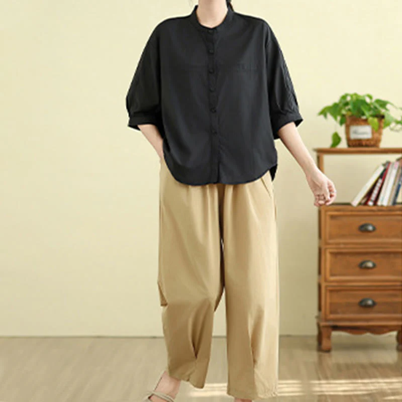 Buddha Stones 2pcs Women's Three-quarter Sleeve Shirt Harem Pants Meditation Clothing Set