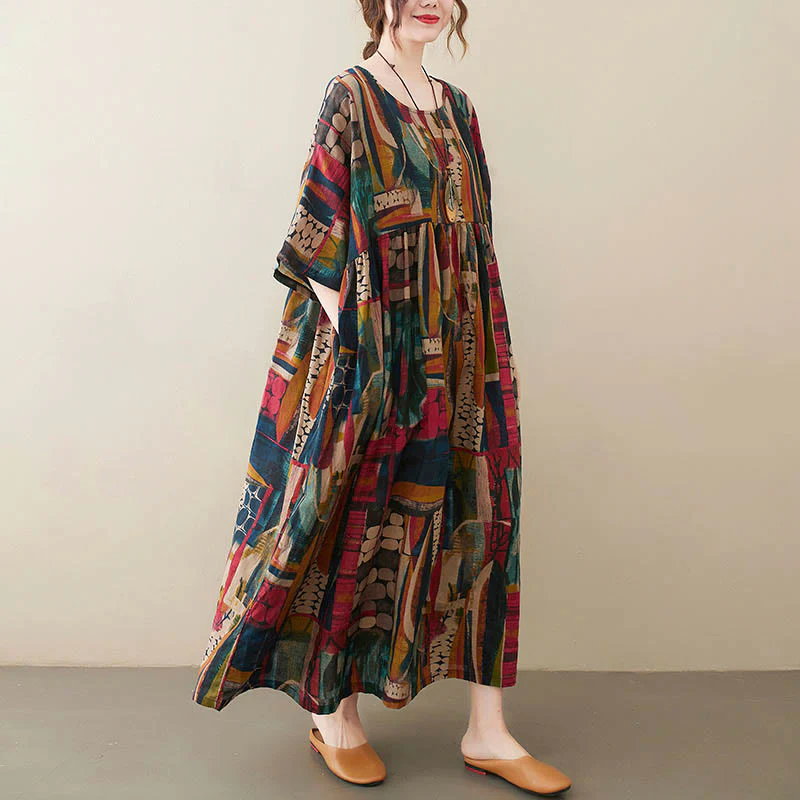 Buddha Stones Colorful Graphics Midi Dress Cotton Half Sleeve Tunic Dress With Pockets