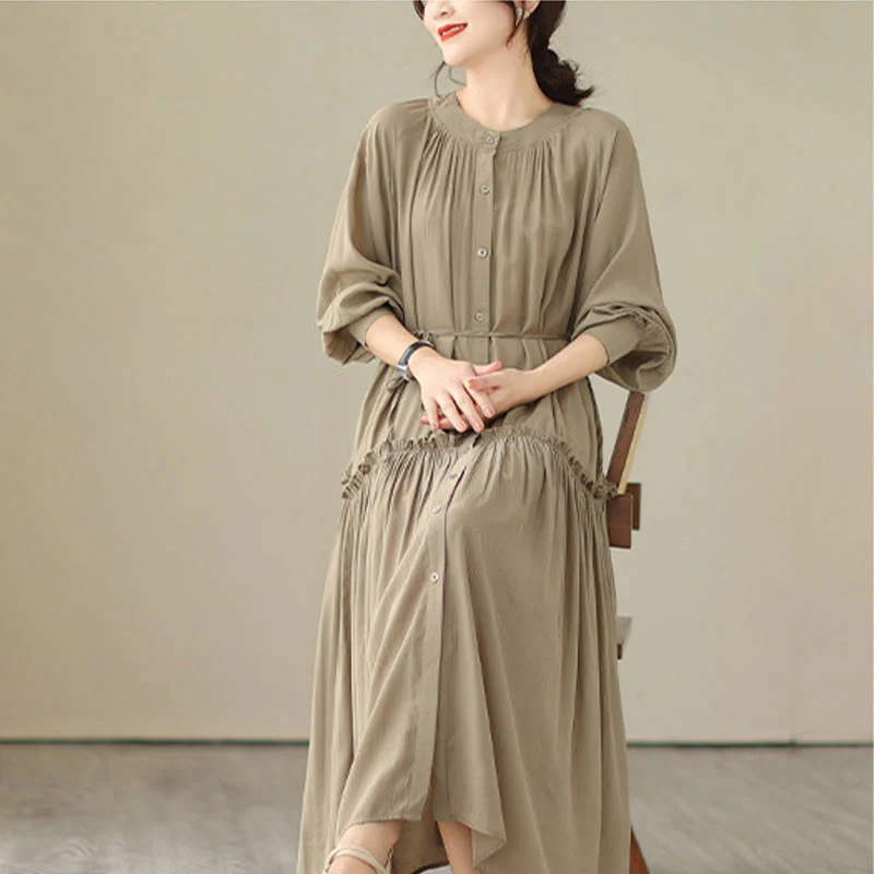Buddha Stones Casual Plain Crew Neck Pleated Polyester Midi Dress With Pockets