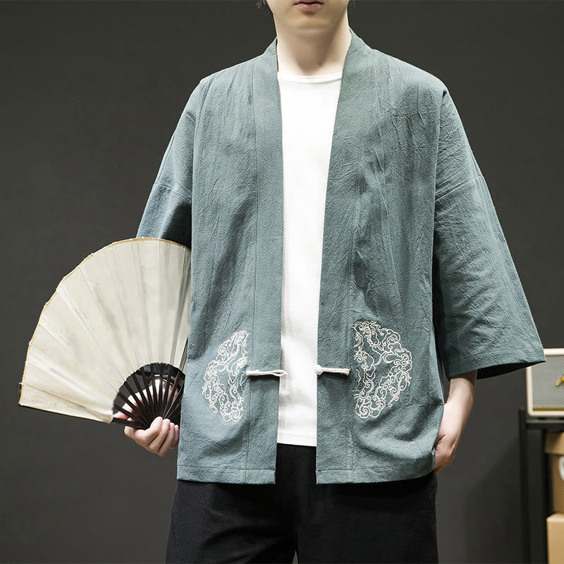 Buddha Stones Chinese Frog-Button Design Open Front Jacket Men's Cotton Linen Kimono