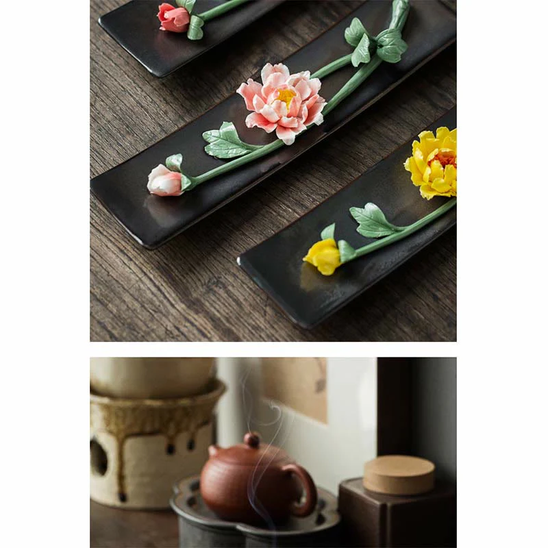 Buddha Stones Lotus Peony Rose Flower Ceramic Spiritual Incense Burner