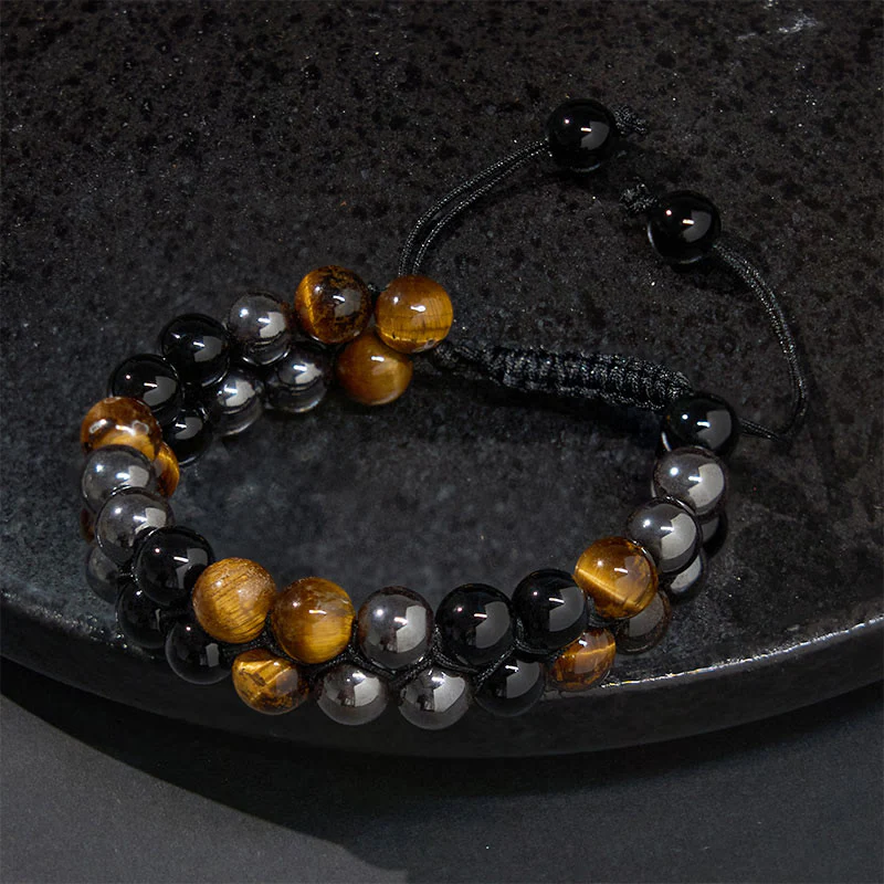 Buddha Stones Natural Tiger Eye Black Magnetite Black Onyx Double Row Beads Protection Bracelet