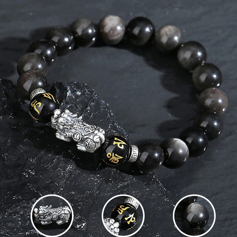 Buddha Stones 999 Sterling Silver PiXiu Natural Black Obsidian Strength Bracelet