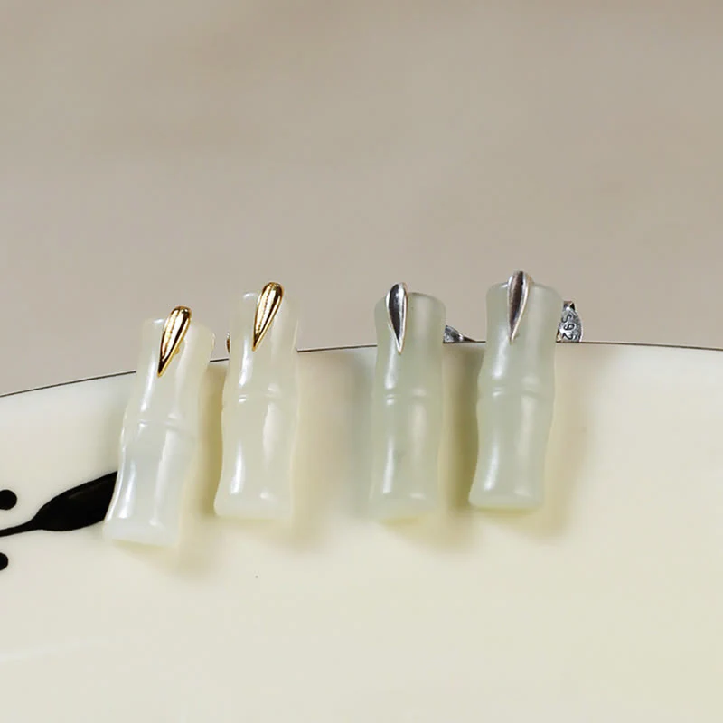 Buddha Stones Bamboo Hetian Jade 925 Sterling Silver Leaf Wealth Earrings