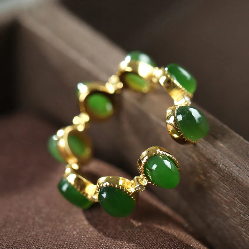 Buddha Stones 925 Sterling Silver Hetian Cyan Jade Beads Healing Adjustable Ring