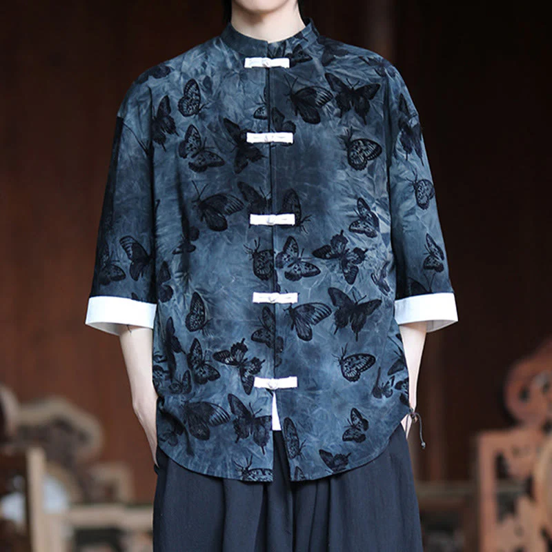 Buddha Stones Jacquard Butterfly Pattern White Frog-Button Design Stand Collar Men's Three Quarter Sleeve Cotton Shirt Cardigan