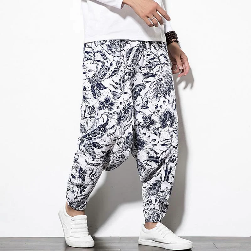 Buddha Stones Leaves Vine Print Cotton Men's Long Cropped Harem Pants With Pockets