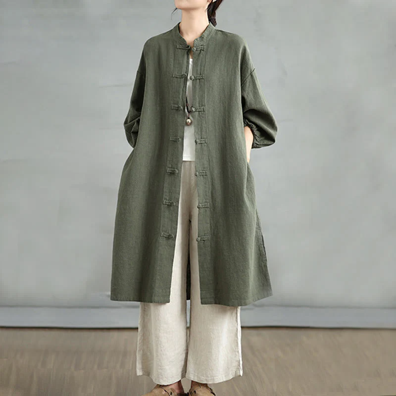 Buddha Stones Casual Frog-button Women's Cotton Linen Coat With Pockets