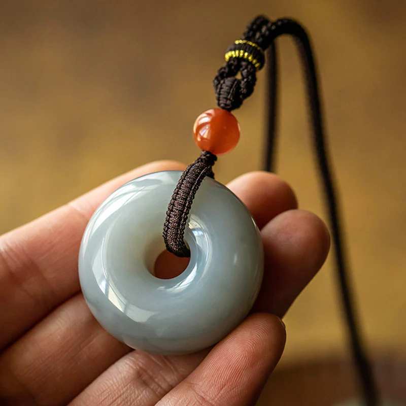 Buddha Stones Natural Round Jade Gray Jade Peace Buckle Luck Necklace Pendant