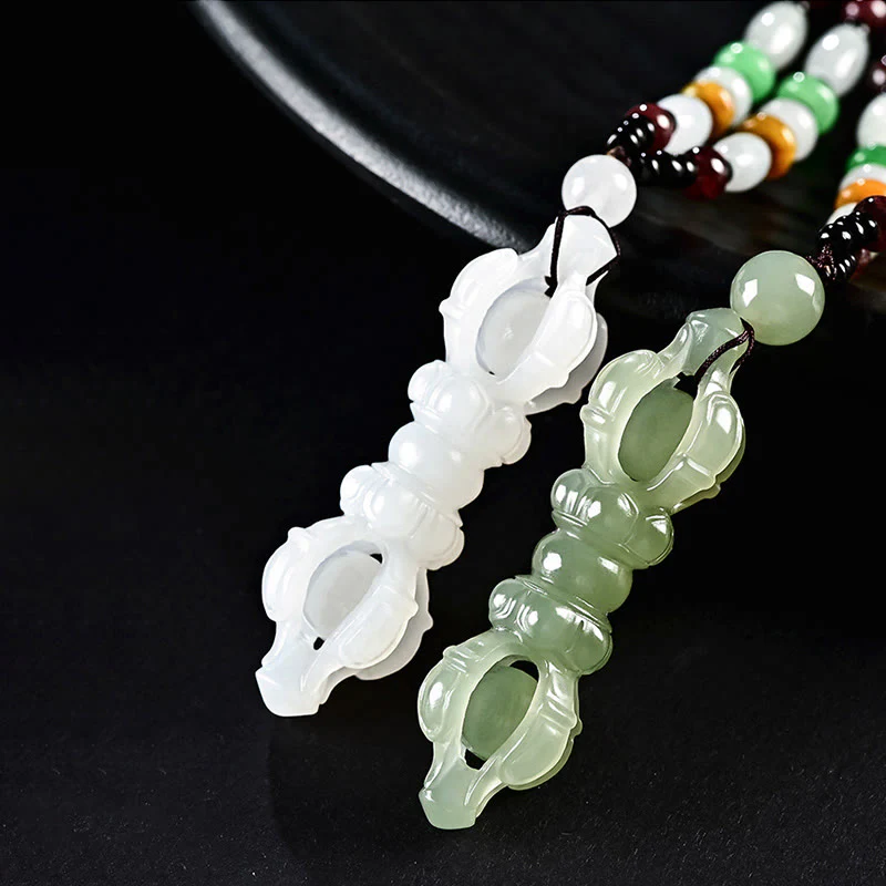 Buddha Stones Tibetan Natural Hetian Cyan Jade White Jade Dorje Vajra Engraved Success Necklace Pendant