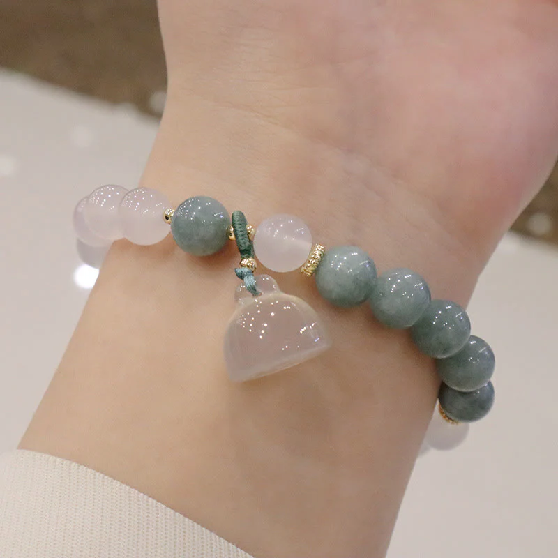 Buddha Stones White Agate Jade Lotus Flower Peace Buckle Protection Bracelet