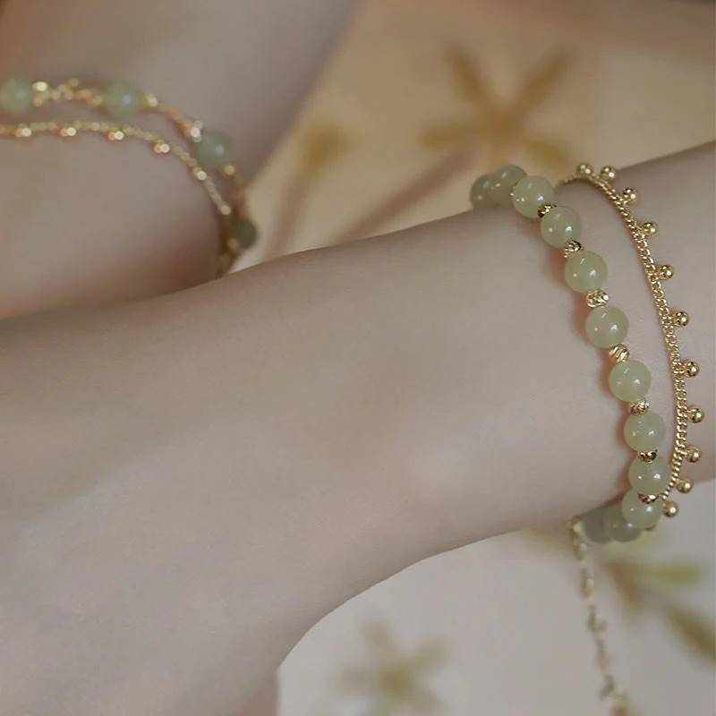 Buddha Stones 14K Gold Plated 2 Layers Hetian Jade Bead Luck Prosperity Bracelet