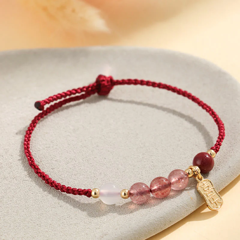 Buddha Stones Natural Strawberry Quartz Jade White Agate Red String Positive Bracelet