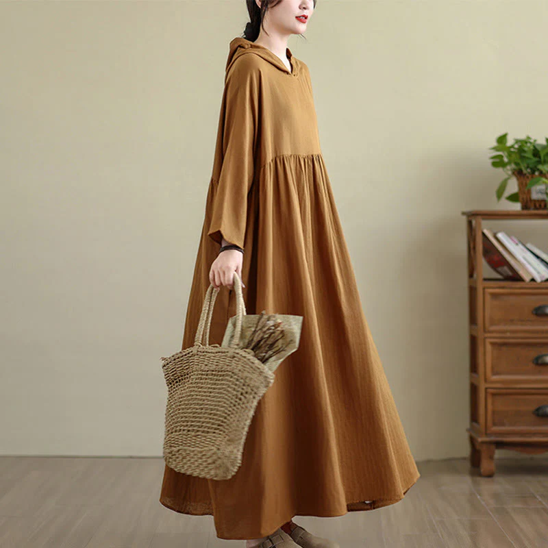 Buddha Stones Fall Hoodie Design Long Sleeve Cotton Linen Midi Dress With Pockets