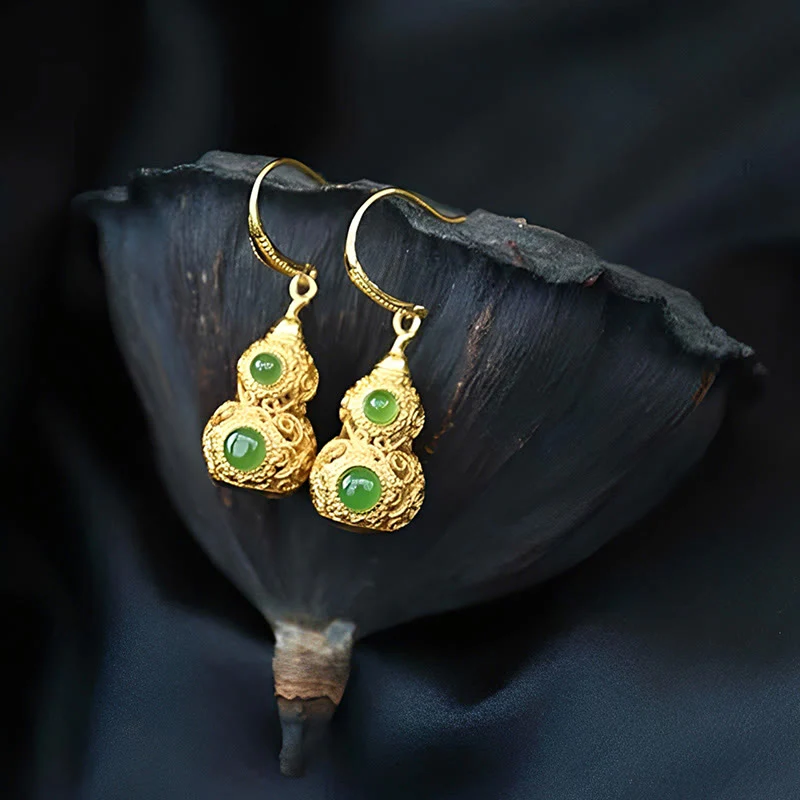 Buddha Stones Copper Hollow Gourd Jade Prosperity Earrings
