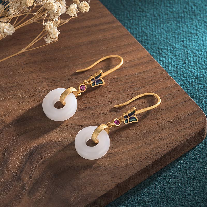 Buddha Stones FengShui White Jade Butterfly Fortune Earrings