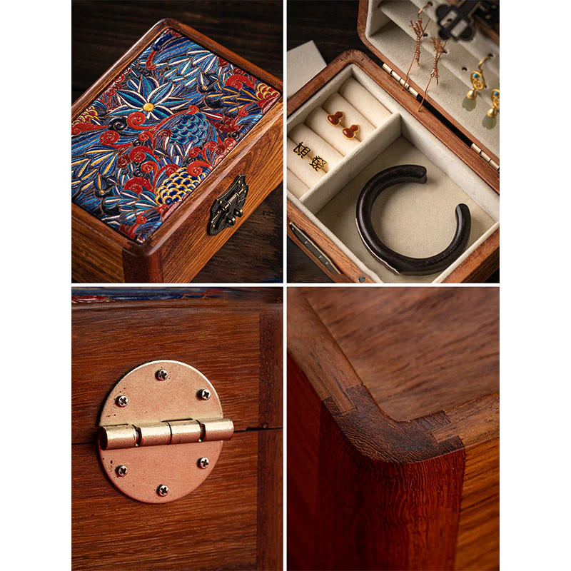 Buddha Stones Retro Handmade Floral Pattern Rosewood Jewelry Storage Box Lockable Wooden Gift Organizer Box
