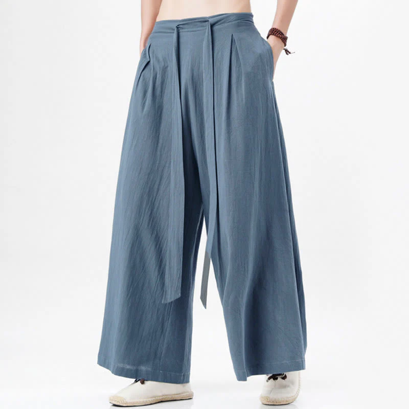 Buddha Stones Spring Casual Sports Drawstring Design Men's Cotton Linen Wide Leg Pants With Pockets