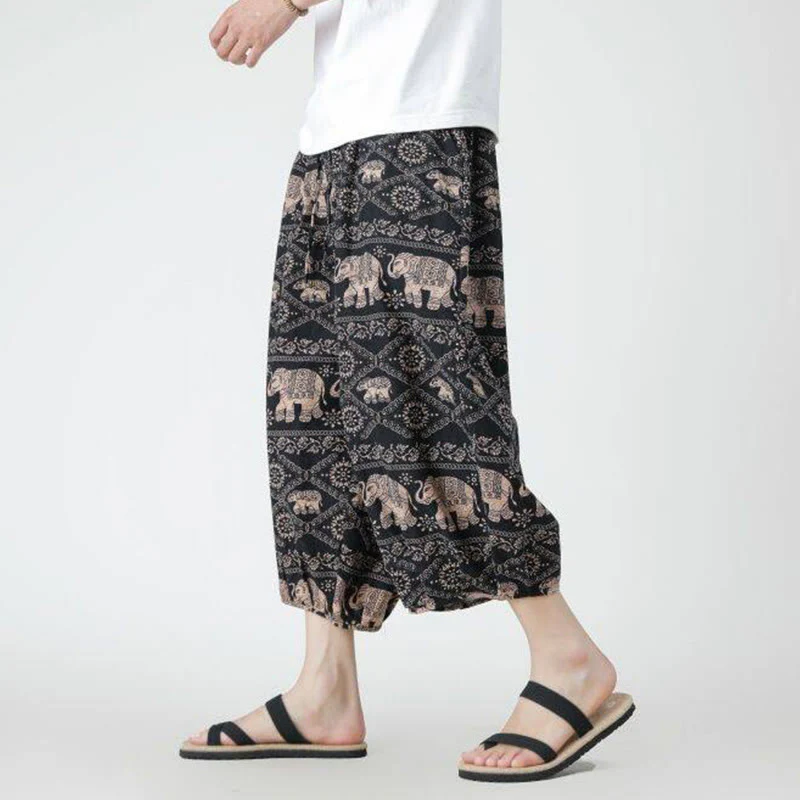 Buddha Stones Summer Square Patchwork Elephant Mandala Geometry Cotton Linen Men's 7-8 Length Pants With Pockets