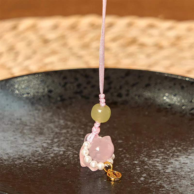 Buddha Stones Pink Crystal Amethyst Citrine Pearl Fu Character Lucky Kitten Warmth Phone Hanging Decoration