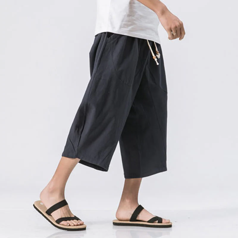 Buddha Stones Summer Casual Simple Plain Design 7-8 Length Men's Cotton Linen Drawstring Pants With Pockets