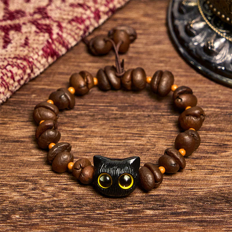 Buddha Stones Handmade Natural Coffee Beans Cat Head Bodhi Seed Claw Paw Peace Bracelet