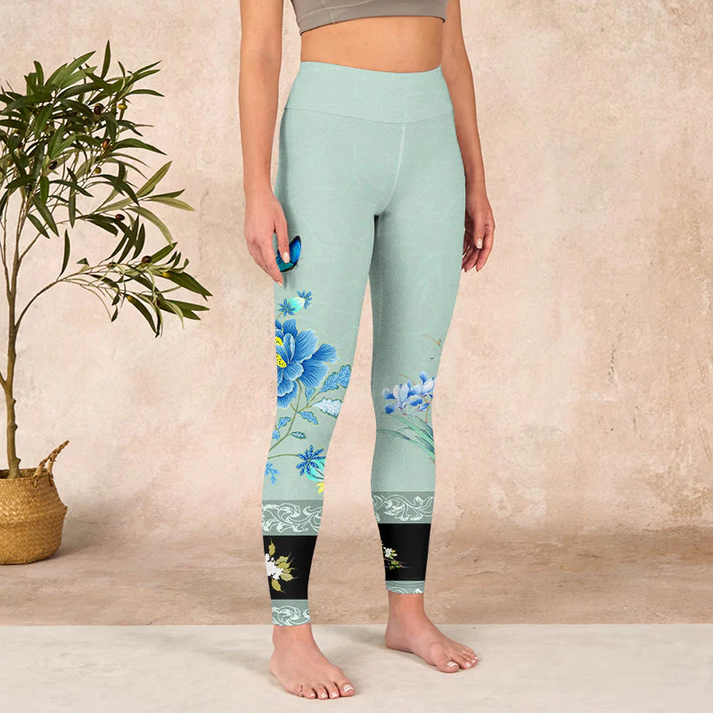 Buddha Stones Mint Green Blue Peony Butterfly Print Sports Leggings Women's Yoga Pants