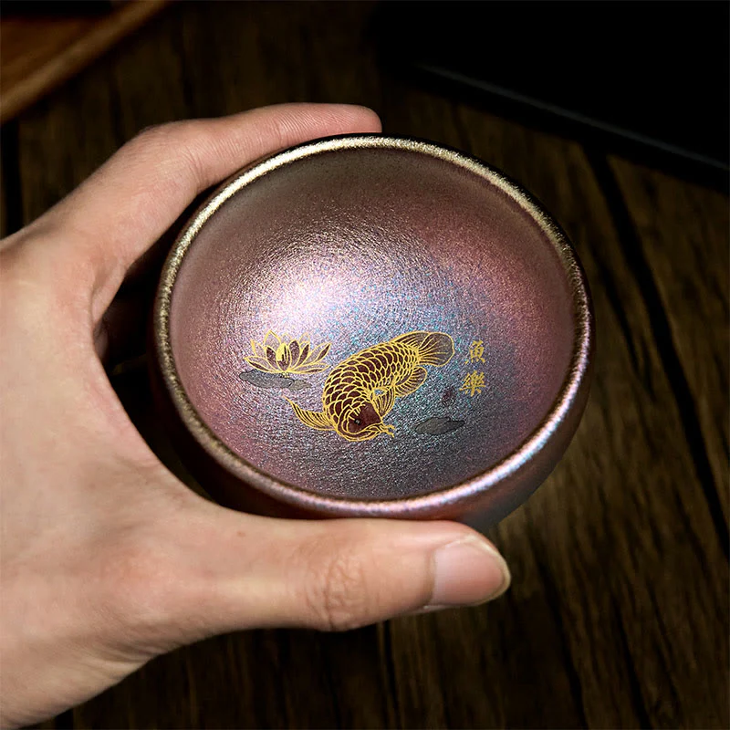 Buddha Stones Handmade Chinese Jianzhan Koi Fish Lotus Leaf Ceramic Teacup Kung Fu Tea Cup 150ml