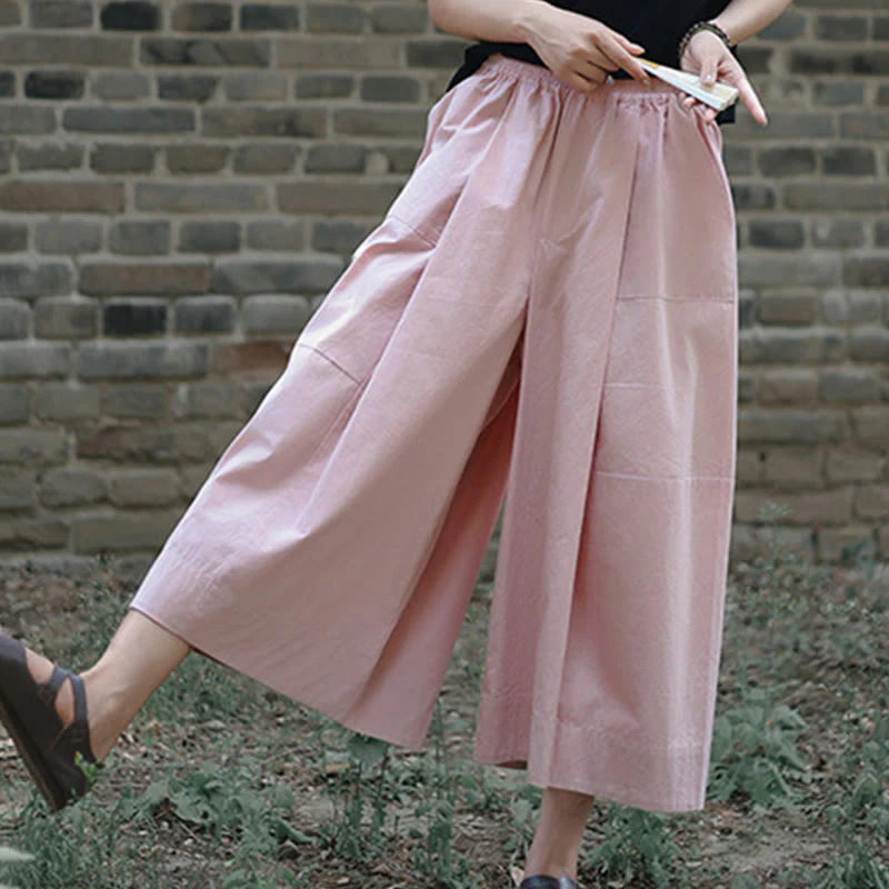 Buddha Stones Casual Plain Cotton High Waist Women's Wide Leg Capri Cropped Pants With Pockets