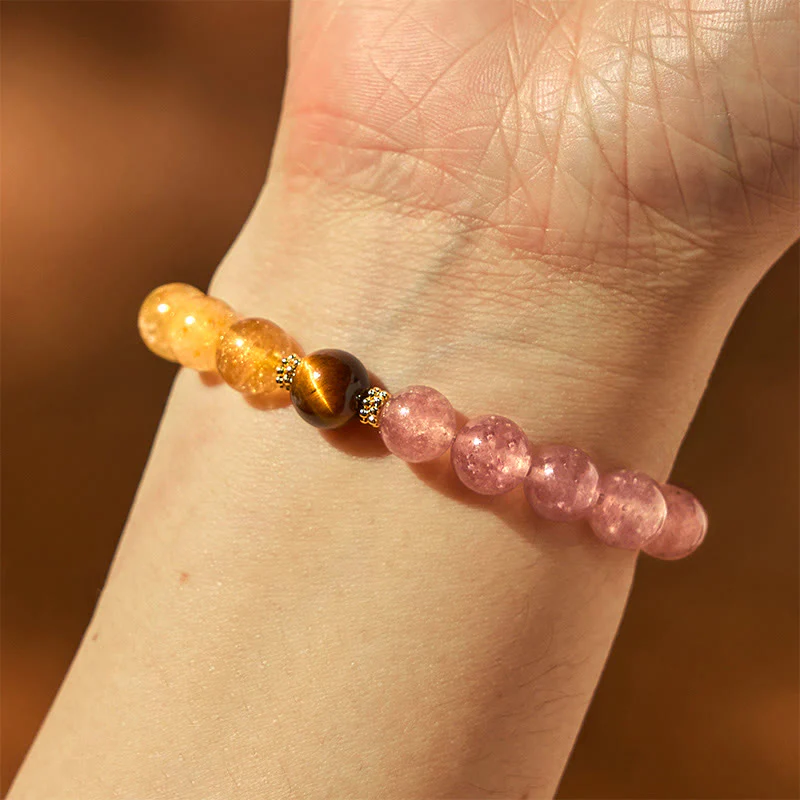 Buddha Stones Strawberry Quartz Pixiu Rutilated Quartz Beads Healing Bracelet