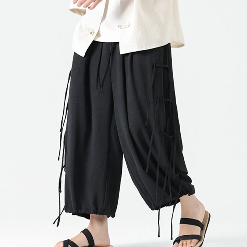 Buddha Stones Casual Loose Lanyard Design Waist Rope Men's 7-8 Length Spandex Pants With Pockets