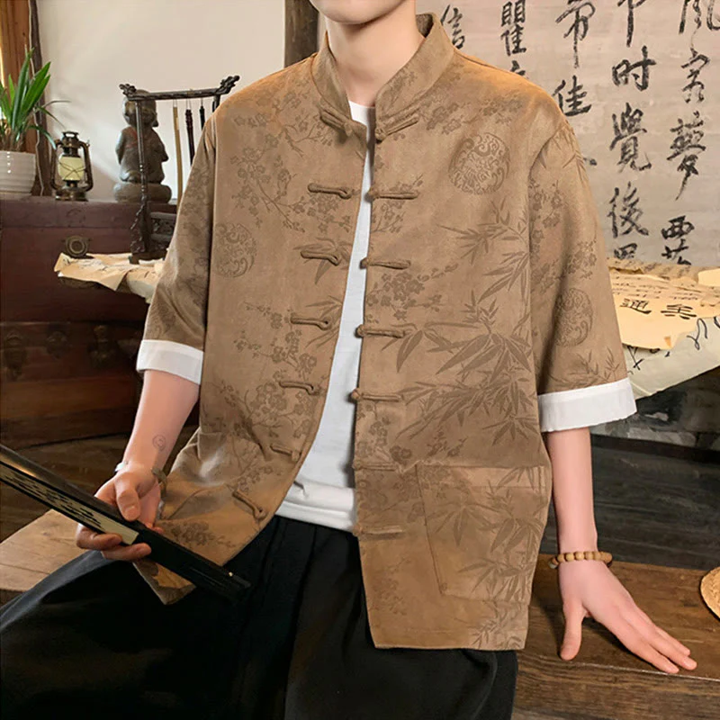 Buddha Stones Jacquard Bamboo Plum Bossom Pattern Chinese Frog-Button Design Men's Half Sleeve Cotton Shirt With Pockets
