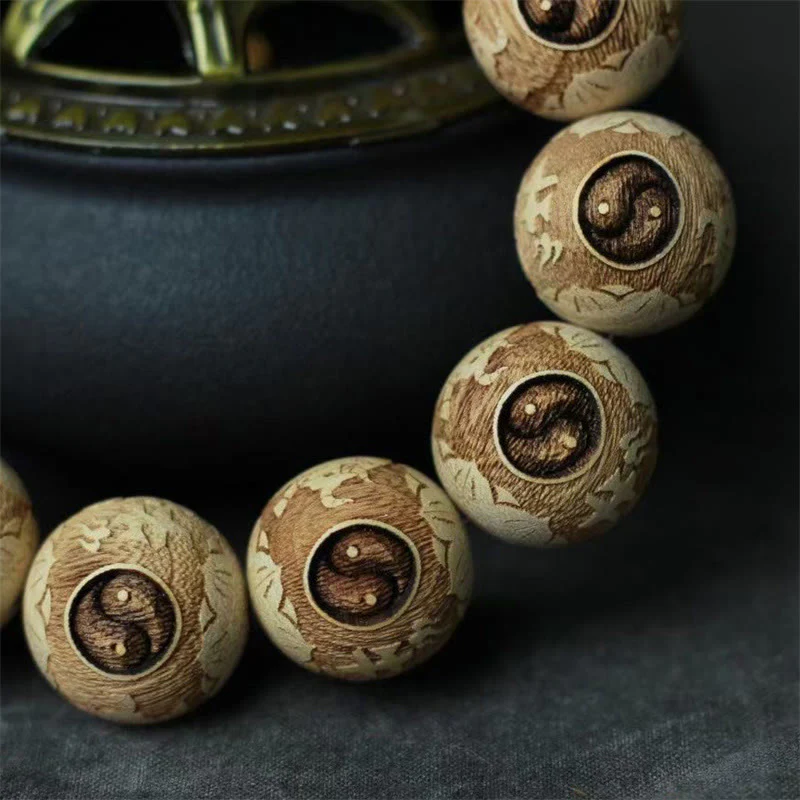 Buddha Stones Camphor Wood Yin Yang Ox Engraved Clarity Bracelet