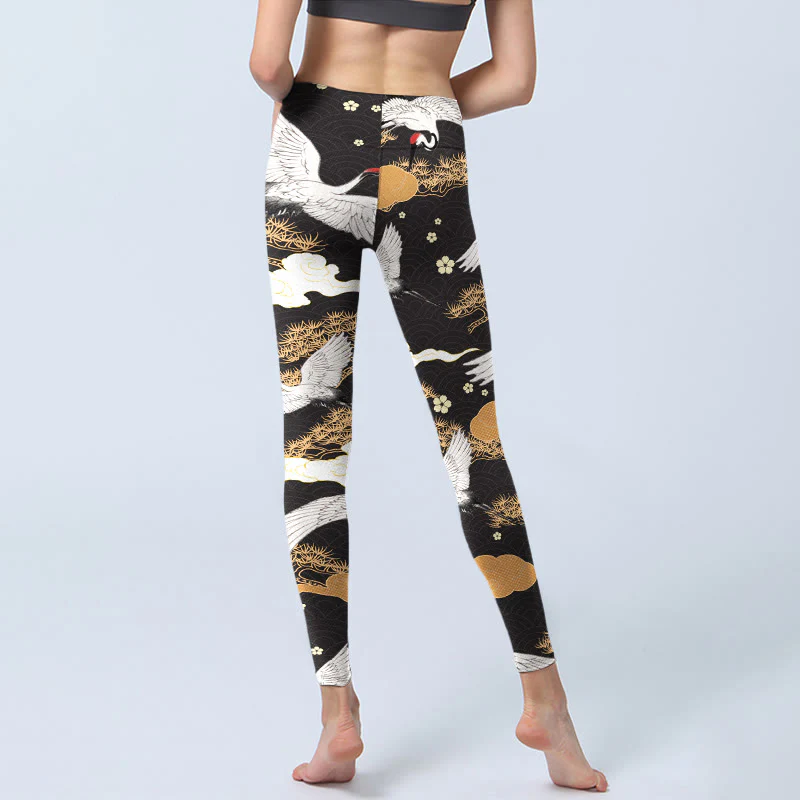 Buddha Stones White Red-crowned Cranes Golden Pine Trees Print Gym Leggings Women's Yoga Pants