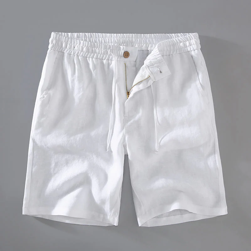 Buddha Stones Summer Solid Color Drawstring Button Design Men's Linen Shorts With Pockets
