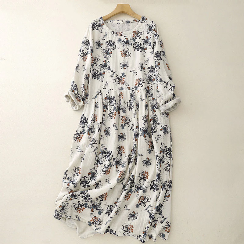 Buddha Stones Casual Small Floral Pattern Crew Neck Cotton Linen Midi Dress With Pockets
