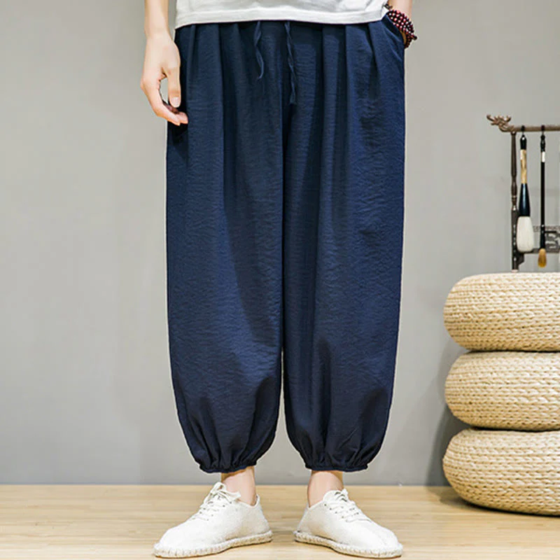 Buddha Stones Summer Plain Drawstring Men's Ankle-Length Cotton Harem Pants With Pockets