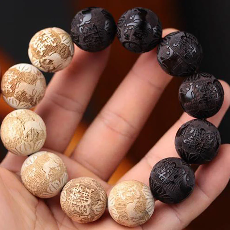 Buddha Stones Ebony Wood Camphor Wood Yin Yang Ox Engraved Peace Bracelet