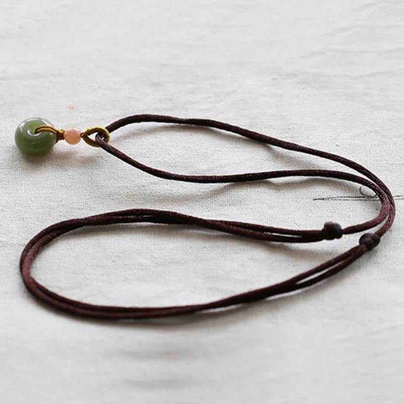 Buddha Stones Natural Round Jade Peace Buckle Lotus Abundance String Necklace Pendant