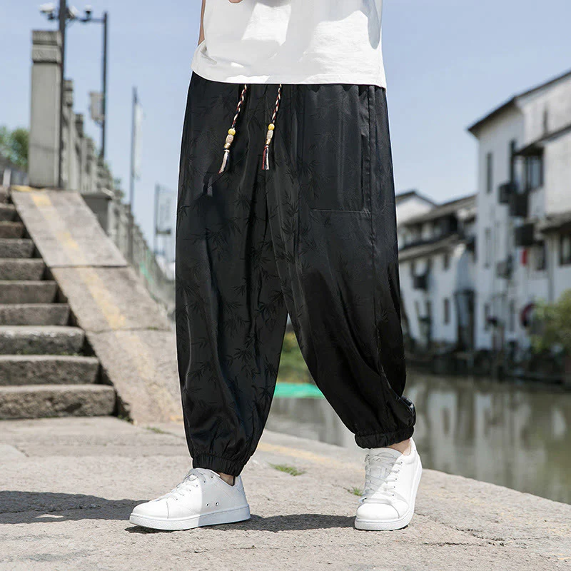 Buddha Stones Summer Ice Silk Jacquard Bamboo Pattern Men's Drawstring Cotton Pants With Pockets