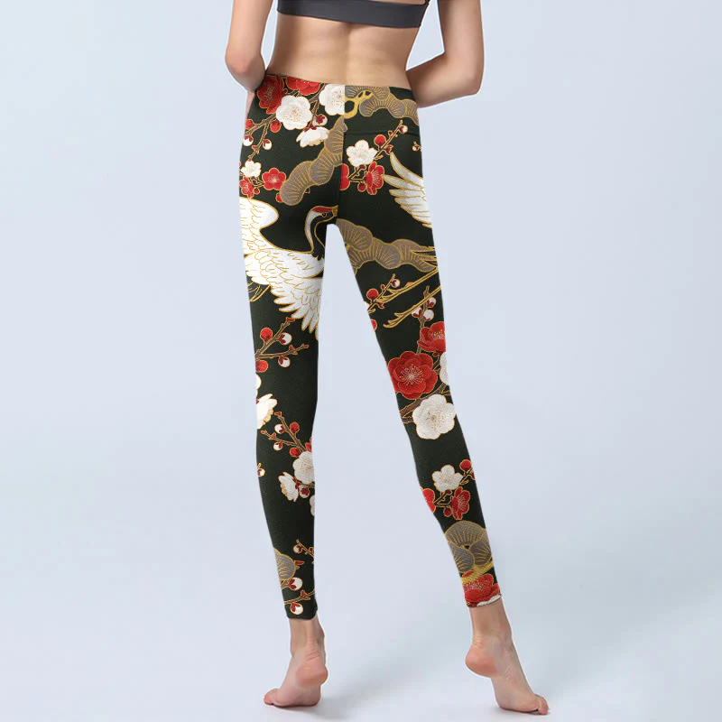 Buddha Stones Red Crowned Cranes Plum Blossoms Branches Pattern Print Gym Leggings Women's Yoga Pants