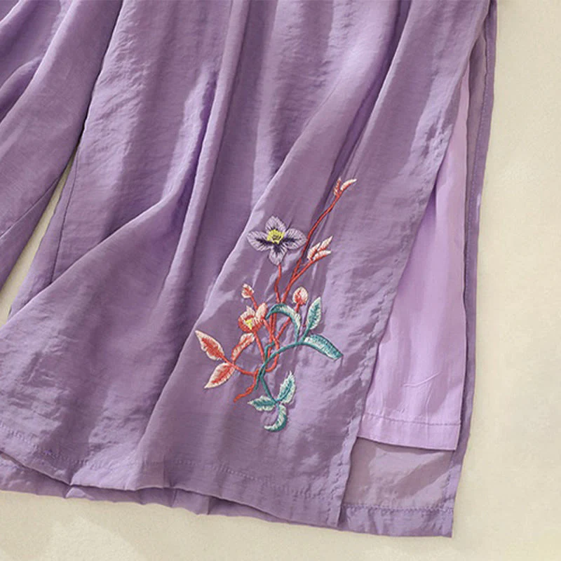 Buddha Stones Artistic Embroidery Flower Double Layer Chinese Frog Button Split Cotton Linen Women's Wide Leg Pants