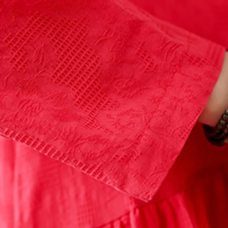 Buddha Stones Plain Jacquard Flower Irregular Design Cotton Linen Midi Dress With Pockets