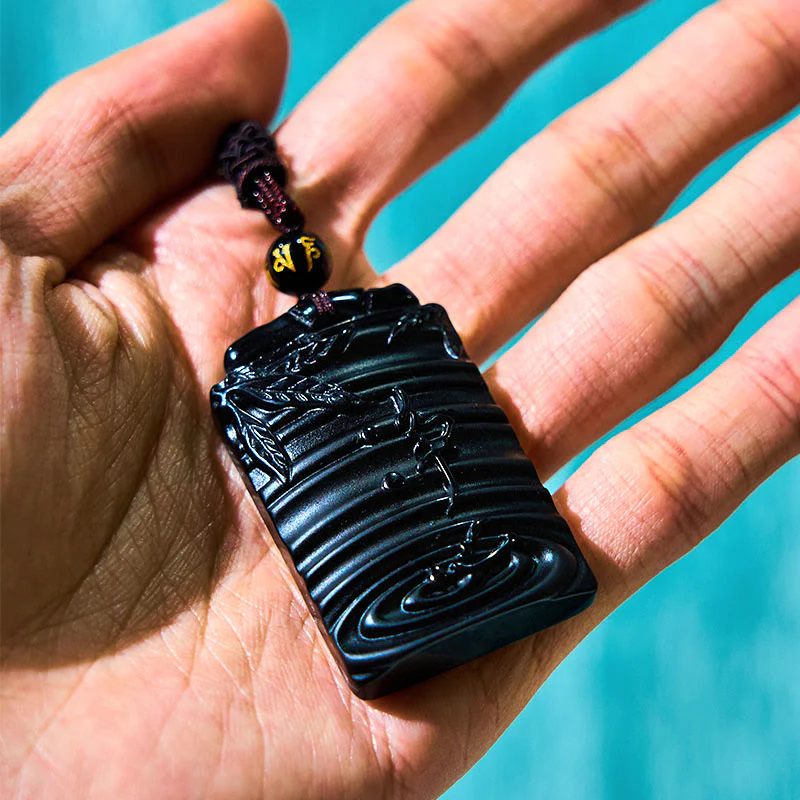 Buddha Stones Natural Black Obsidian Bamboo Fulfillment Necklace Pendant