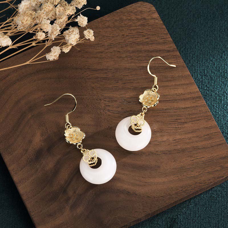 Buddha Stones FengShui White Jade Blessing Drop Earrings