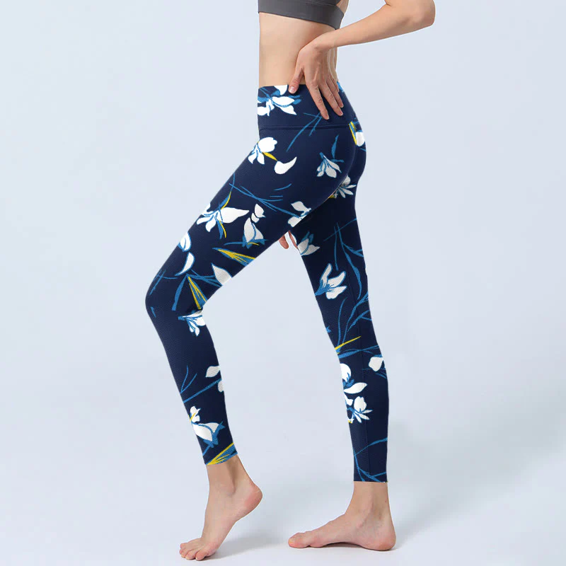 Buddha Stones White Blossom Leaves Pattern Print Gym Leggings Women's Yoga Pants