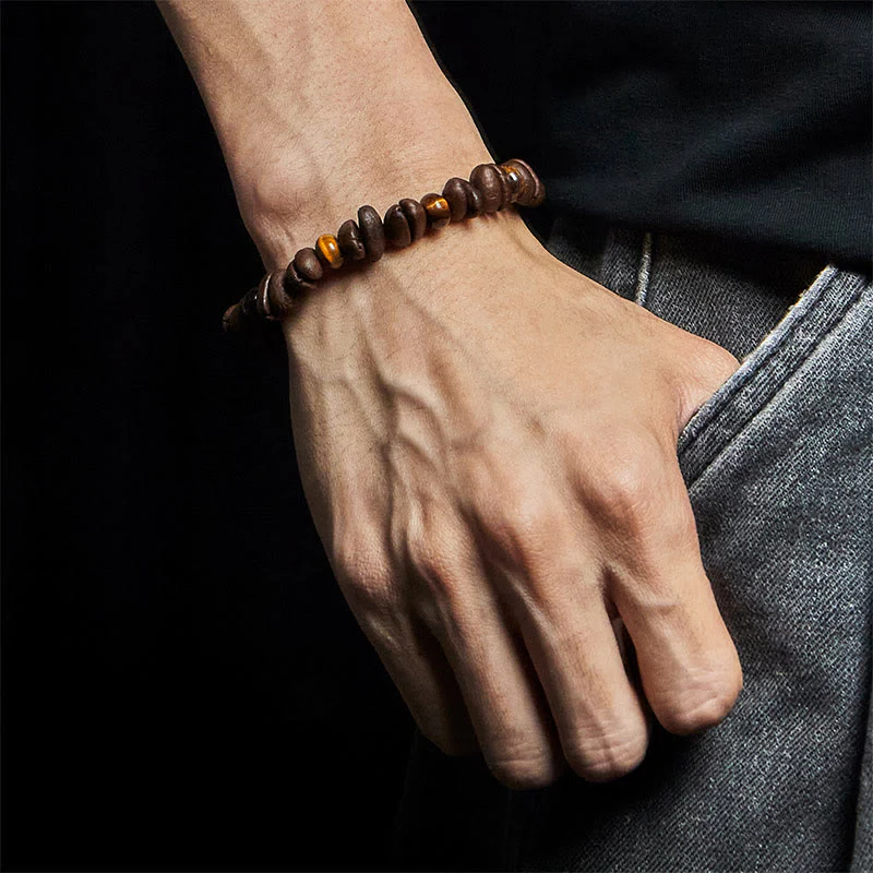 Buddha Stones Natural Coffee Beans Tiger Eye Grey Jasper Lava Rock Beads Bracelet